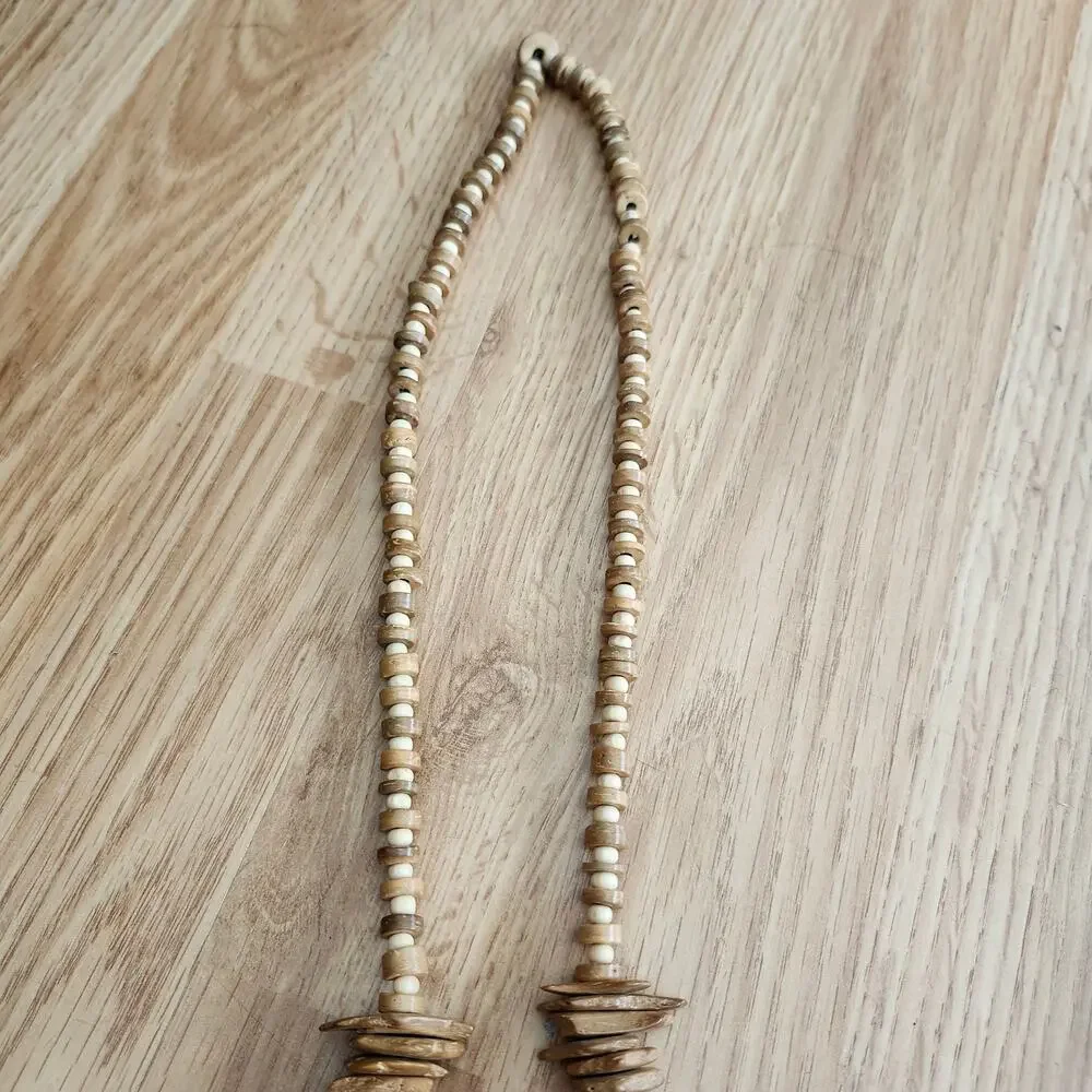 Boho Coconut‎ Shell Wood Bead Double Heart Pendant Necklace Tribal Beach Style